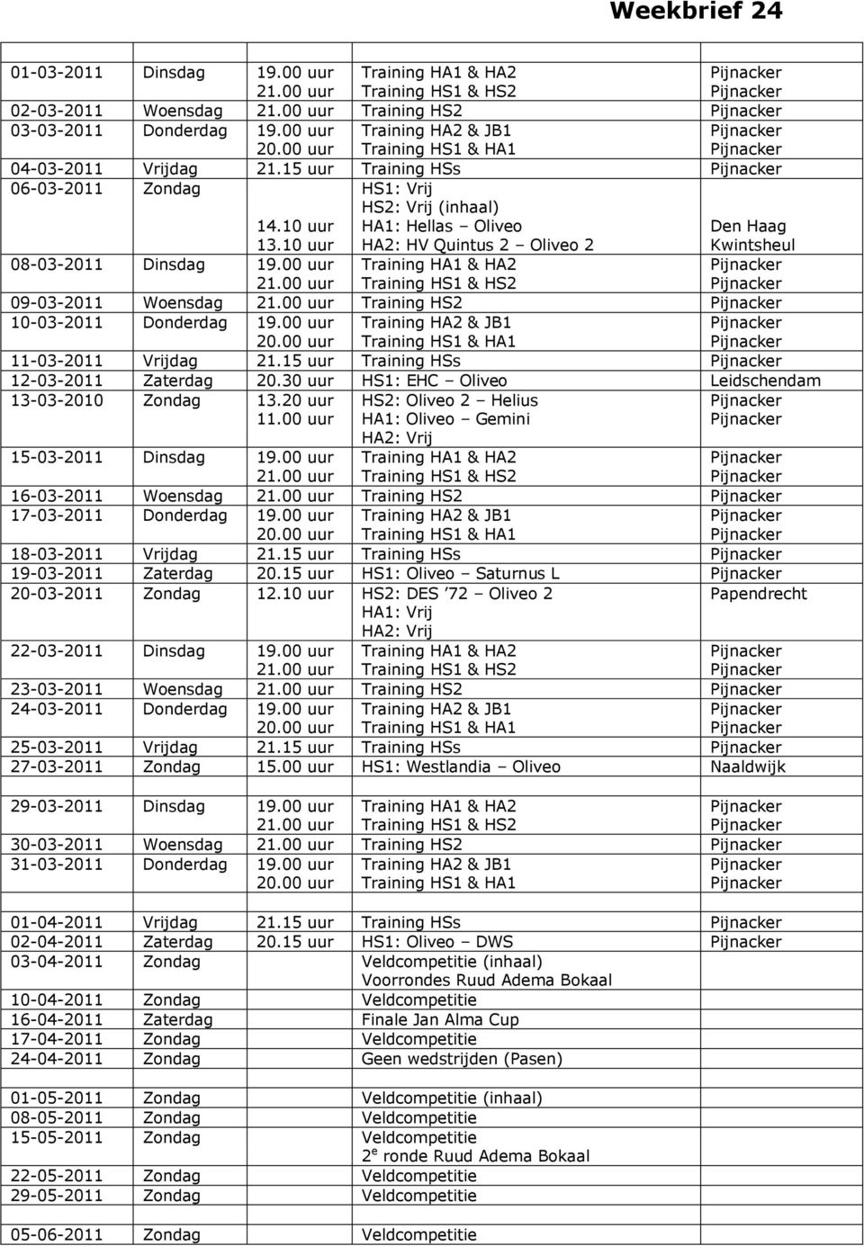 00 uur 11-03-2011 Vrijdag 21.15 uur Training HSs 12-03-2011 Zaterdag 20.30 uur HS1: EHC Oliveo Leidschendam 13-03-2010 Zondag 13.20 uur 11.