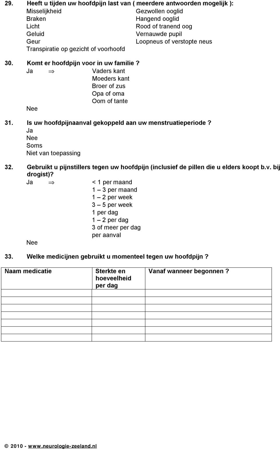 Is uw hoofdpijnaanval gekoppeld aan uw menstruatieperiode? Soms Niet van toepassing 32. Gebruikt u pijnstillers tegen uw hoofdpijn (inclusief de pillen die u elders koopt b.v. bij drogist)?