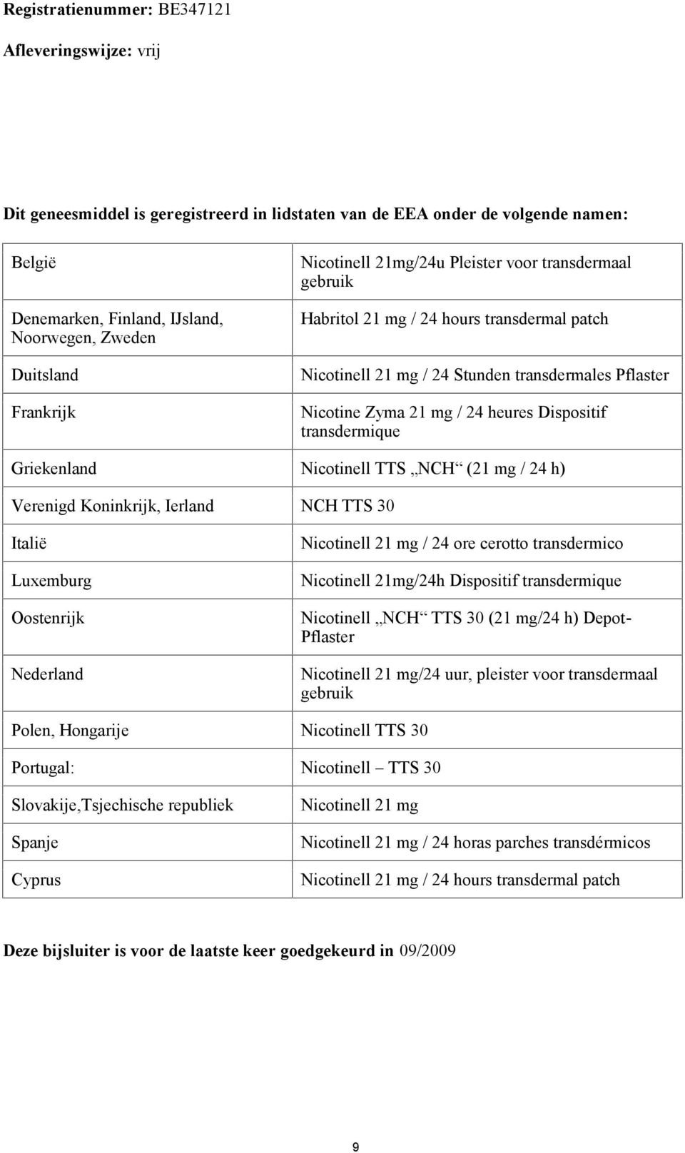 Griekenland TTS NCH (2 mg / 24 h) Verenigd Koninkrijk, Ierland NCH TTS 3 Italië Luxemburg Oostenrijk Nederland 2 mg / 24 ore cerotto transdermico 2mg/24h Dispositif transdermique NCH TTS 3 (2 mg/24