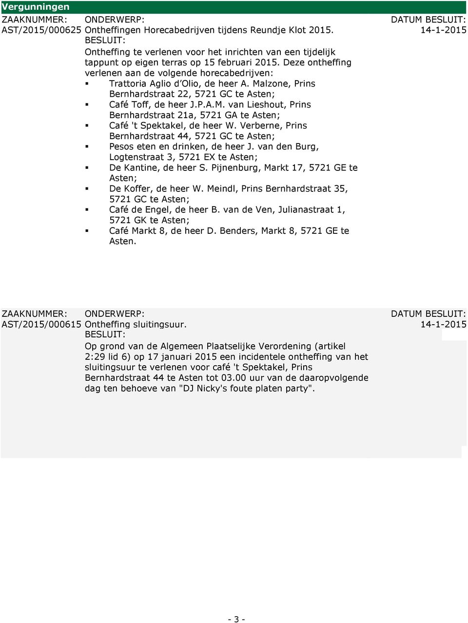 Verberne, Prins Bernhardstraat 44, 5721 GC te Asten; Pesos eten en drinken, de heer J. van den Burg, Logtenstraat 3, 5721 EX te Asten; De Kantine, de heer S.