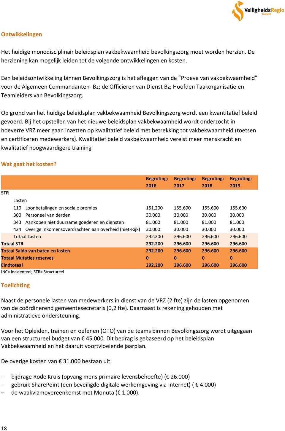 van Bevolkingszorg. Op grond van het huidige beleidsplan vakbekwaamheid Bevolkingszorg wordt een kwantitatief beleid gevoerd.