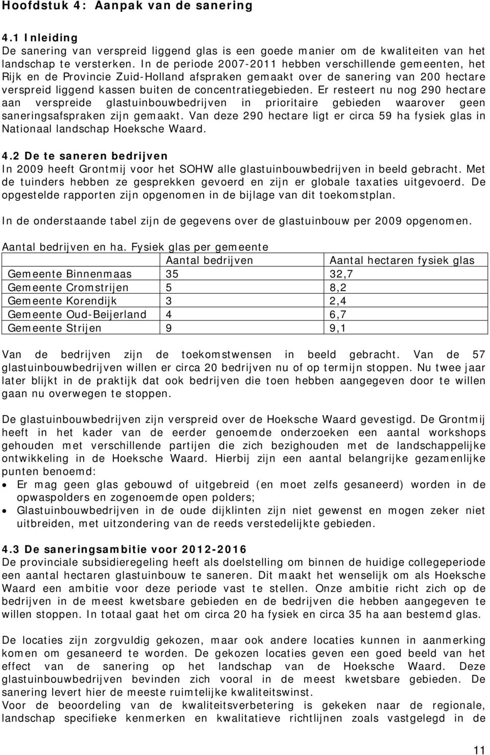 concentratiegebieden. Er resteert nu nog 290 hectare aan verspreide glastuinbouwbedrijven in prioritaire gebieden waarover geen saneringsafspraken zijn gemaakt.