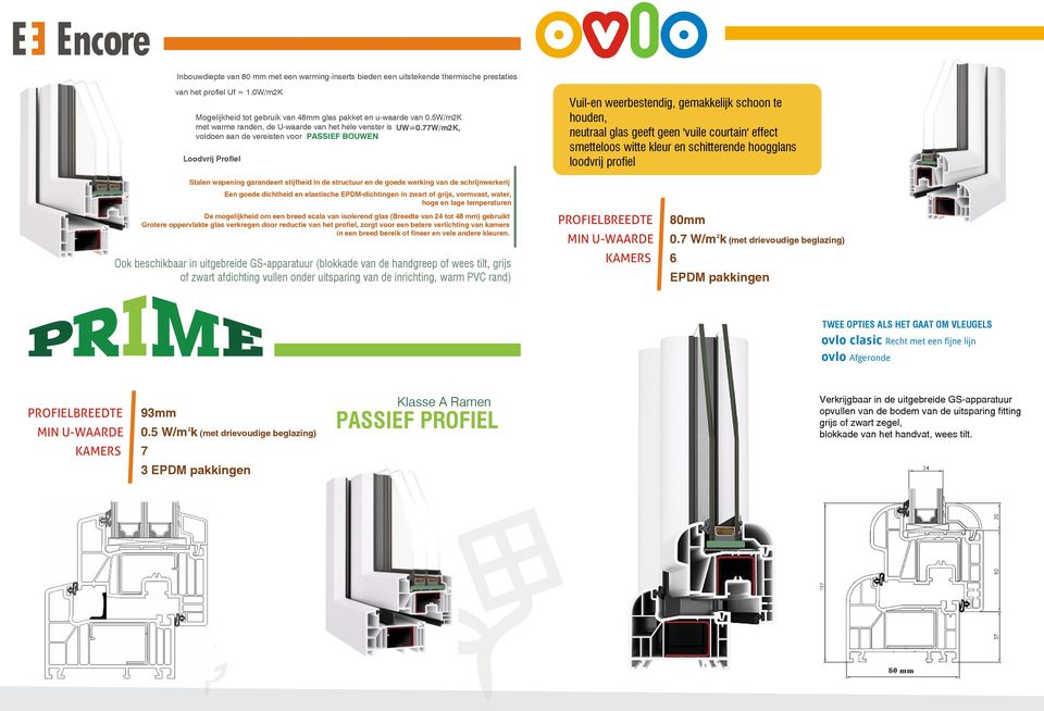 77W/m2K, voldoen aan de vereisten voor PASSIEF BOUWEN Loodvrij Profiel Vuil-en weerbestendig, gemakkelijk schoon te houden, neutraal glas geeft geen 'vuile courtain' effect smetteloos witte kleur en
