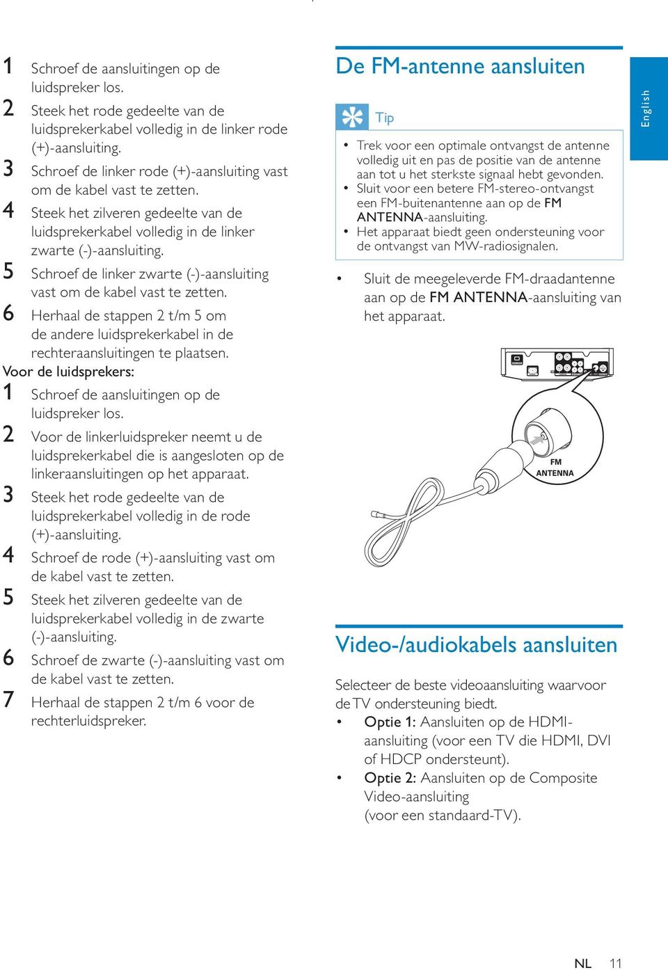 5 Schroef de linker zwarte (-)-aansluiting vast om de kabel vast te zetten. 6 Herhaal de stappen 2 t/m 5 om de andere luidsprekerkabel in de rechteraansluitingen te plaatsen.