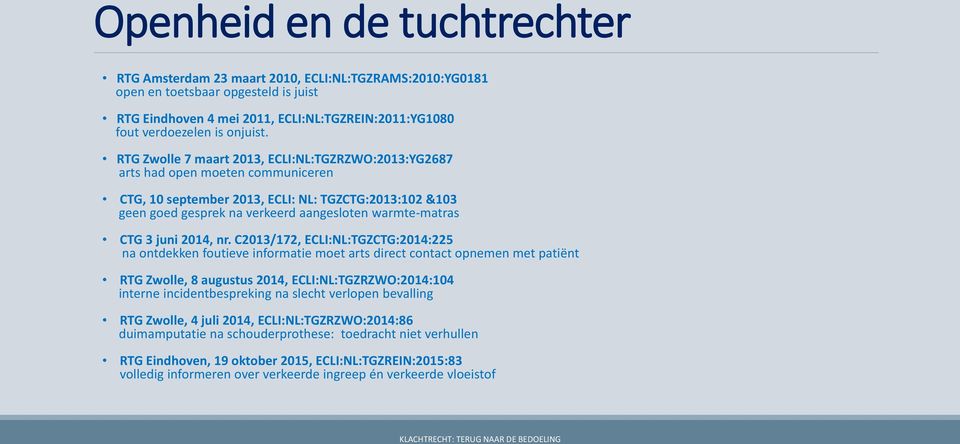 RTG Zwolle 7 maart 2013, ECLI:NL:TGZRZWO:2013:YG2687 arts had open moeten communiceren CTG, 10 september 2013, ECLI: NL: TGZCTG:2013:102 &103 geen goed gesprek na verkeerd aangesloten warmte-matras