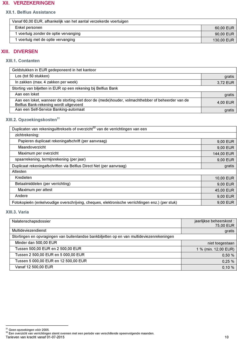 EUR XIII. DIVERSEN XIII.1. Contanten Geldstukken in EUR gedeponeerd in het kantoor Los (tot 50 stukken) In zakken (max.