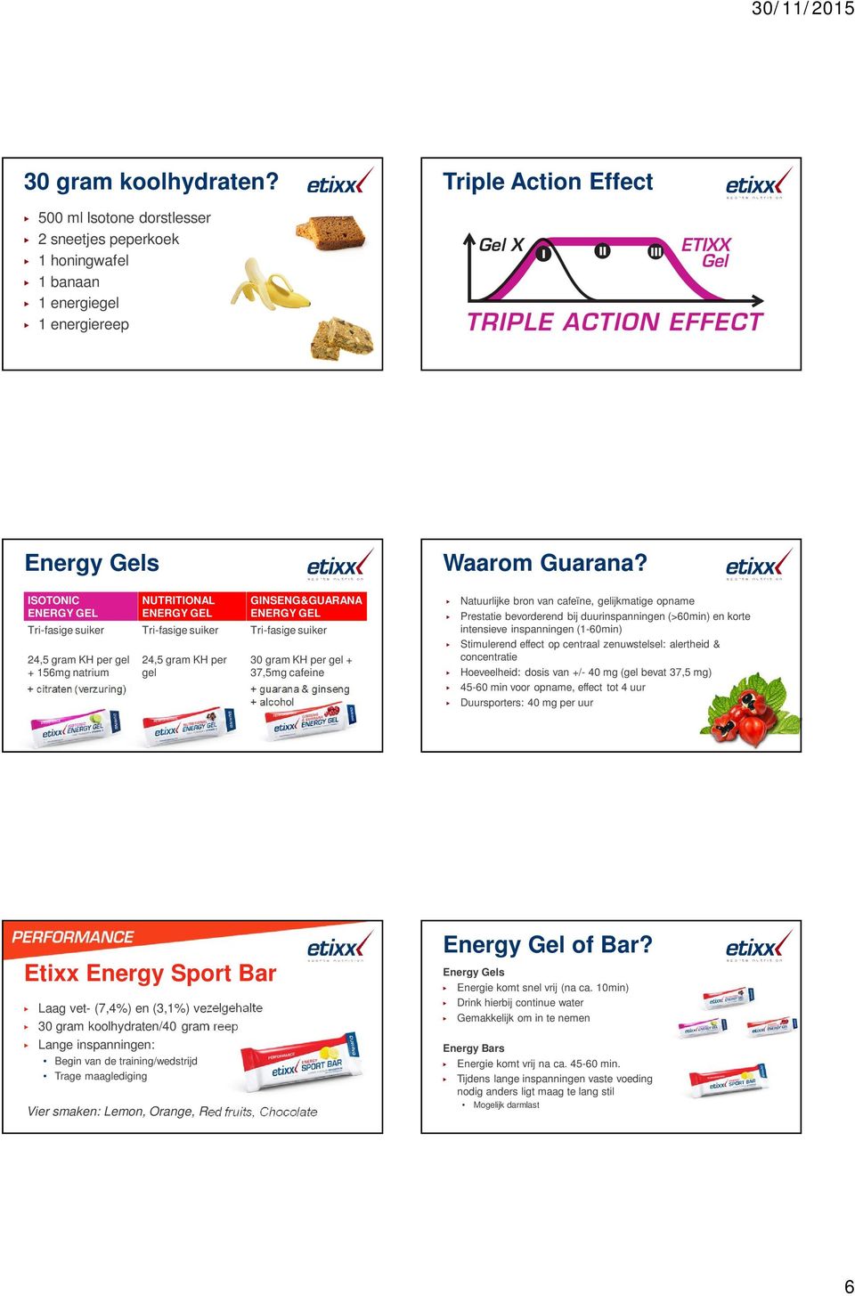 gel + 37,5mg cafeine + citraten (verzuring) + guarana & ginseng + alcohol Natuurlijke bron van cafeïne, gelijkmatige opname Prestatie bevorderend bij duurinspanningen (>60min) en korte intensieve