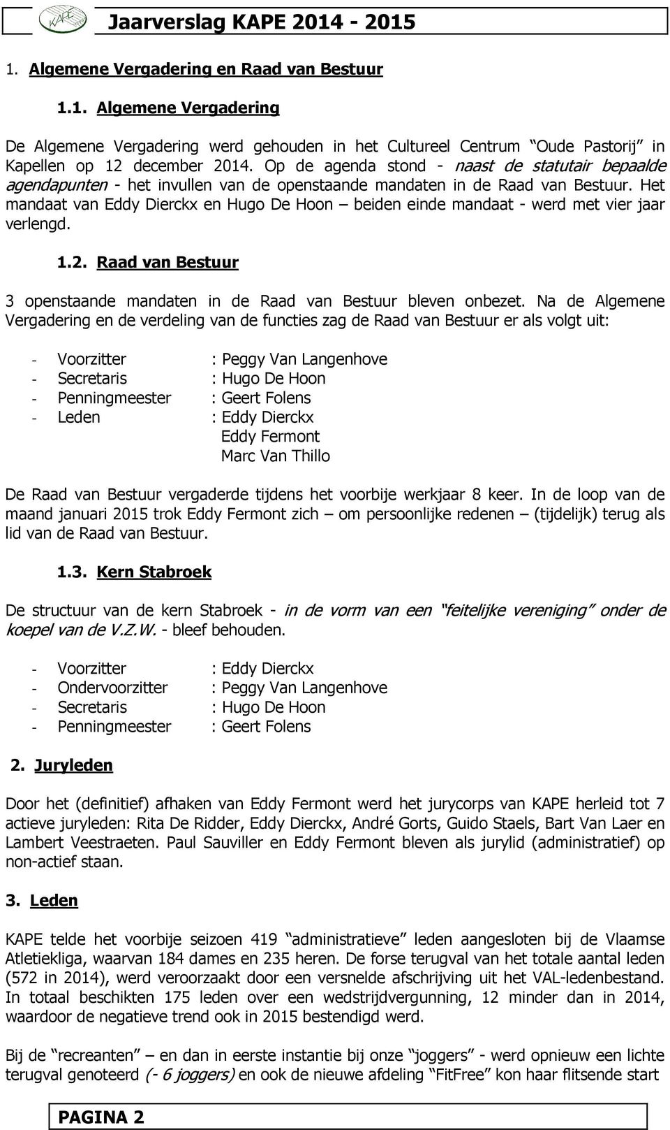 Het mandaat van Eddy Dierckx en Hugo De Hoon beiden einde mandaat - werd met vier jaar verlengd. 1.2. Raad van Bestuur 3 openstaande mandaten in de Raad van Bestuur bleven onbezet.