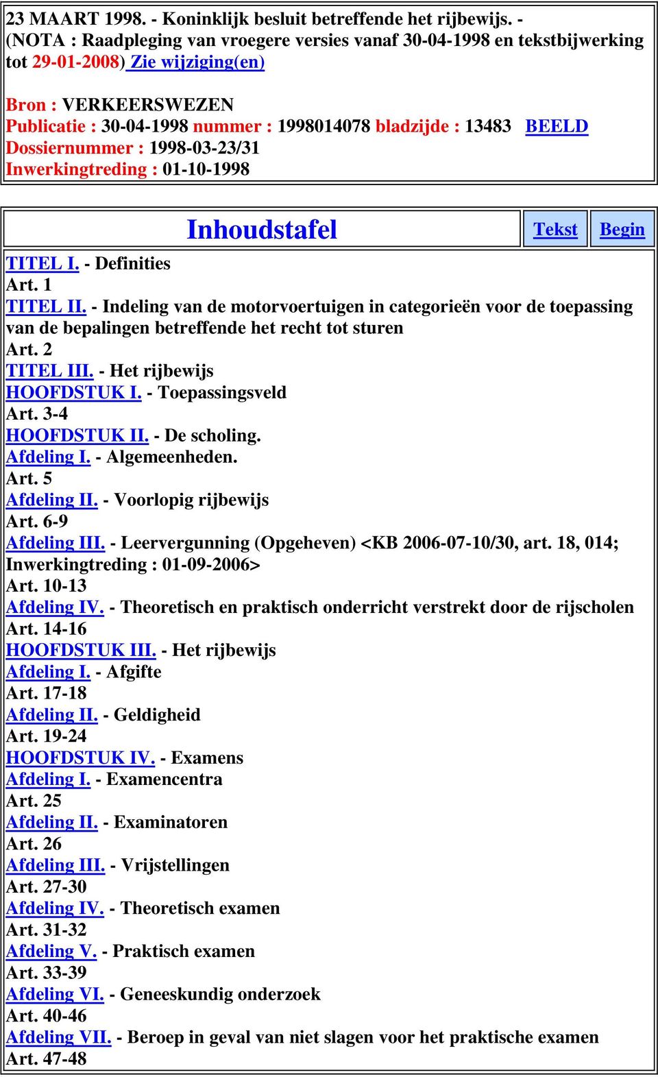 BEELD Dossiernummer : 1998-03-23/31 Inwerkingtreding : 01-10-1998 Inhoudstafel Tekst Begin TITEL I. - Definities Art. 1 TITEL II.