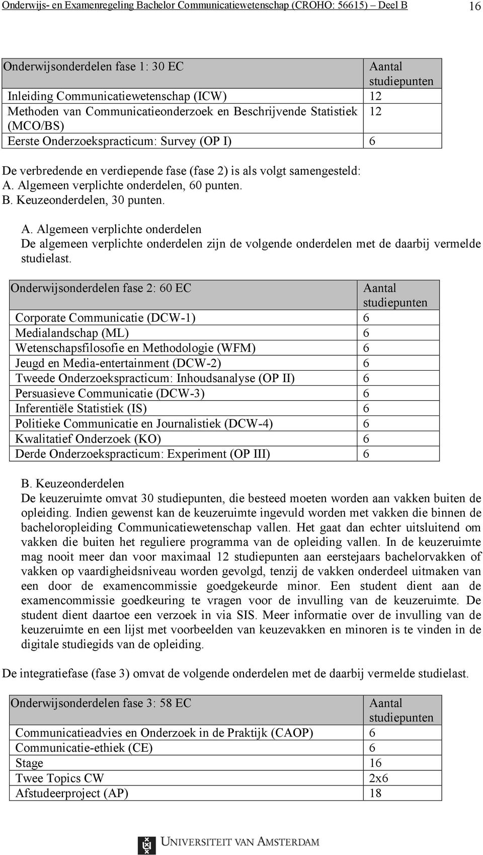 Algemeen verplichte onderdelen, 60 punten. B. Keuzeonderdelen, 30 punten. A.