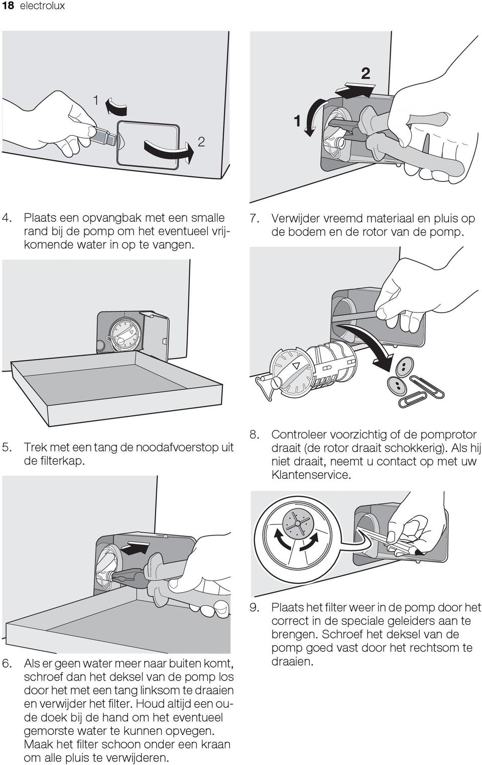 Controleer voorzichtig of de pomprotor draait (de rotor draait schokkerig). Als hij niet draait, neemt u contact op met uw Klantenservice. 6.