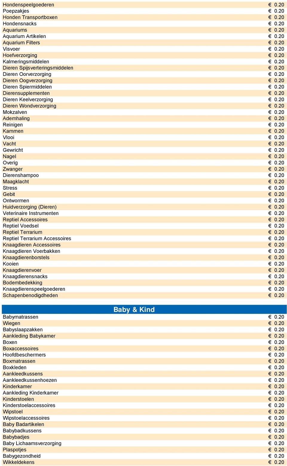 20 Dieren Wondverzorging 0.20 Mokzalven 0.20 Ademhaling 0.20 Reinigen 0.20 Kammen 0.20 Vlooi 0.20 Vacht 0.20 Gewricht 0.20 Nagel 0.20 Overig 0.20 Zwanger 0.20 Dierenshampoo 0.20 Maagklacht 0.