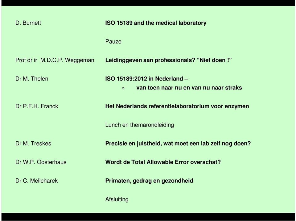 Franck Het Nederlands referentielaboratorium voor enzymen Lunch en themarondleiding Dr M.