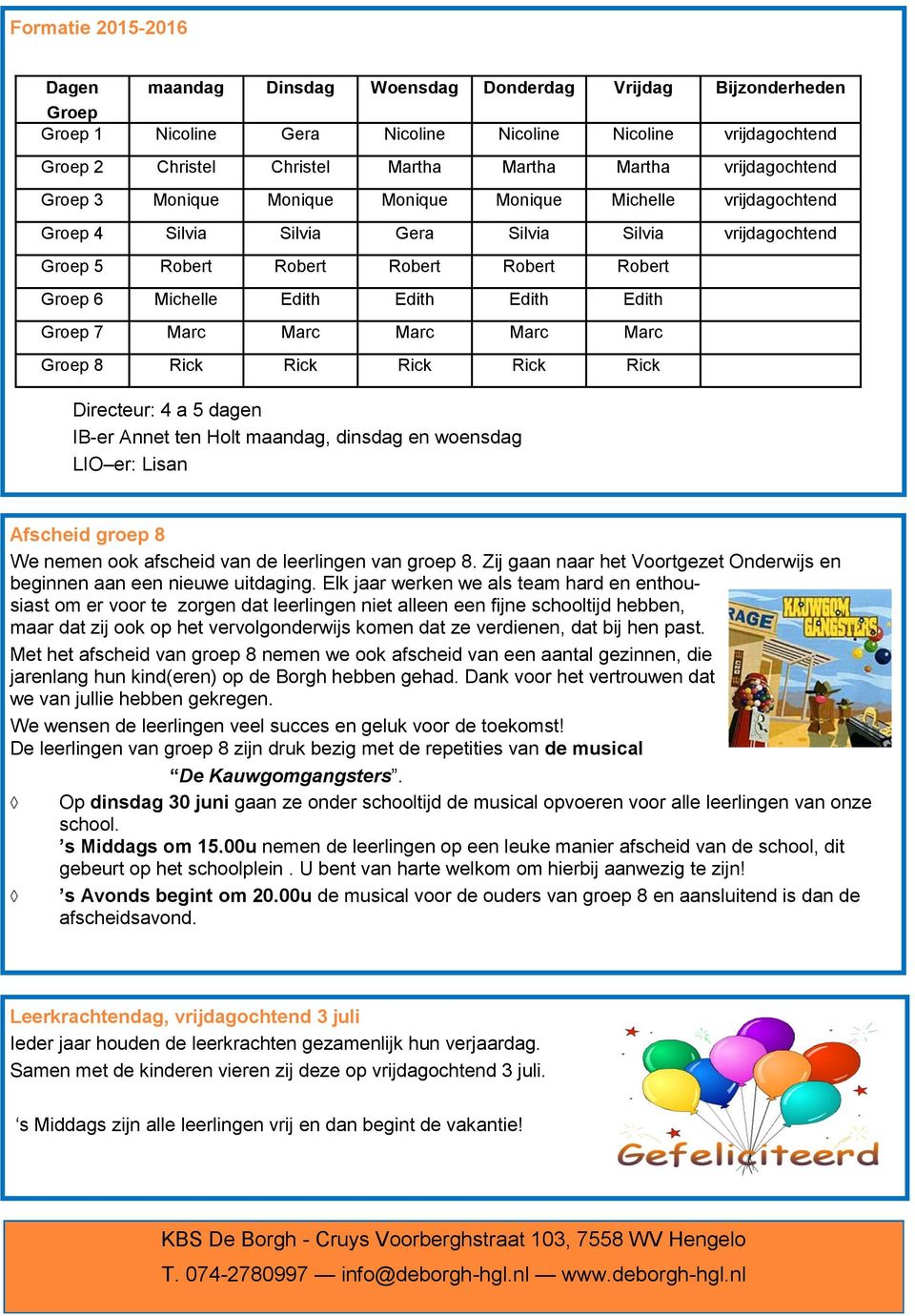 Edith Edith Edith Edith Groep 7 Marc Marc Marc Marc Marc Groep 8 Rick Rick Rick Rick Rick Directeur: 4 a 5 dagen IB-er Annet ten Holt maandag, dinsdag en woensdag LIO er: Lisan Afscheid groep 8 We