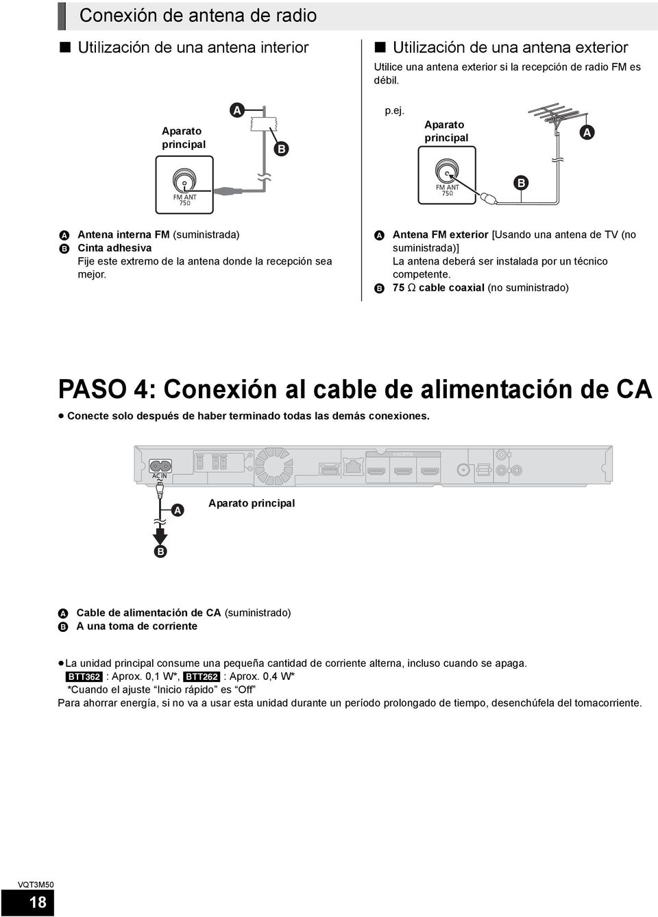 A B Antena FM exterior [Usando una antena de TV (no suministrada)] La antena deberá ser instalada por un técnico competente.