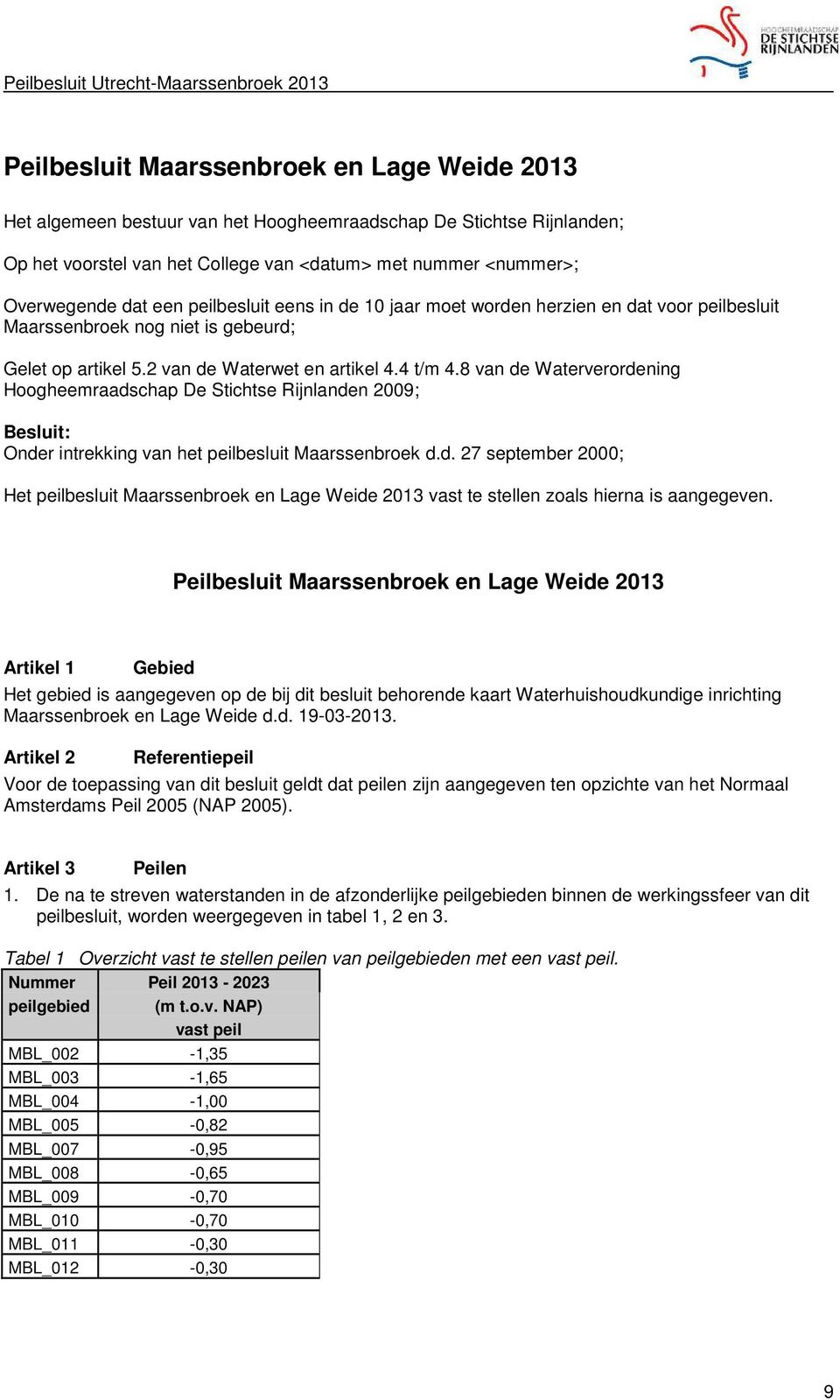 2 van de Waterwet en artikel 4.4 t/m 4.8 van de Waterverordening Hoogheemraadschap De Stichtse Rijnlanden 2009; Besluit: Onder intrekking van het peilbesluit Maarssenbroek d.d. 27 september 2000; Het peilbesluit Maarssenbroek en Lage Weide 2013 vast te stellen zoals hierna is aangegeven.