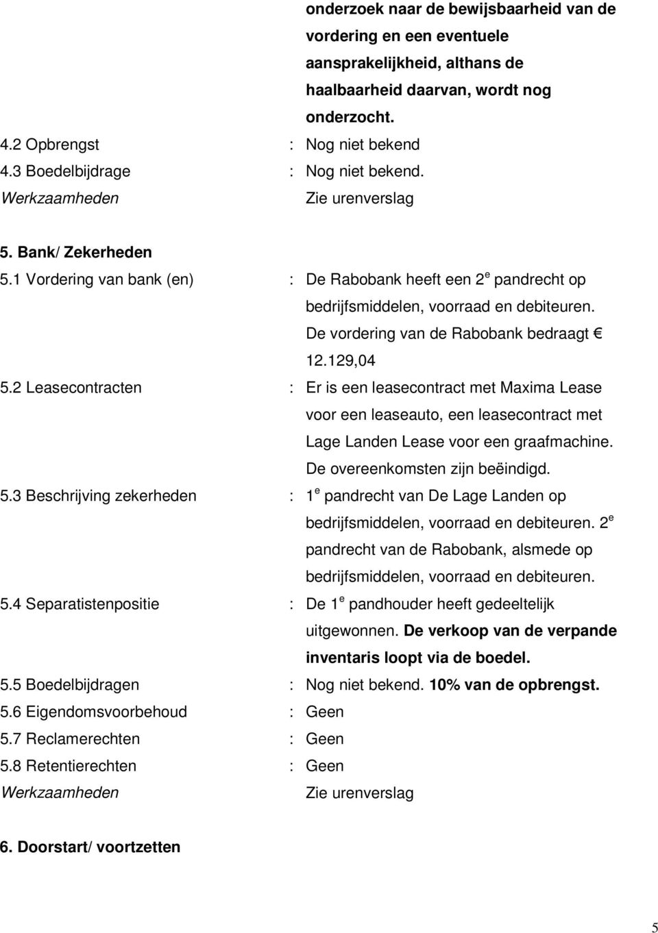 De vordering van de Rabobank bedraagt 12.129,04 5.2 Leasecontracten : Er is een leasecontract met Maxima Lease voor een leaseauto, een leasecontract met Lage Landen Lease voor een graafmachine.