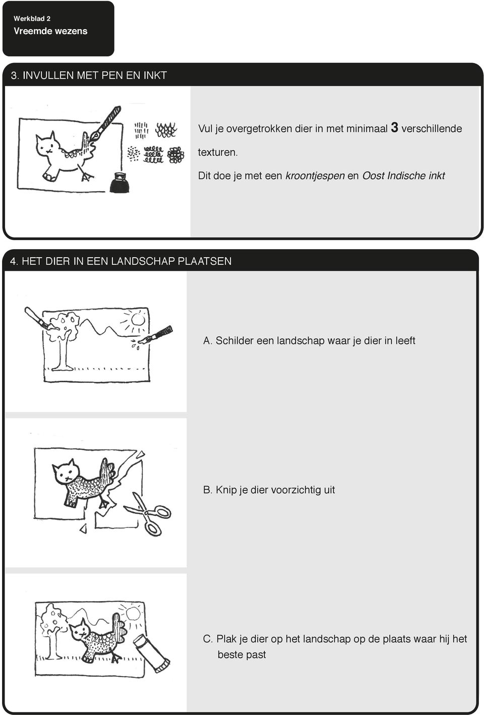 texturen. Dit doe je met een kroontjespen en Oost Indische inkt 4.