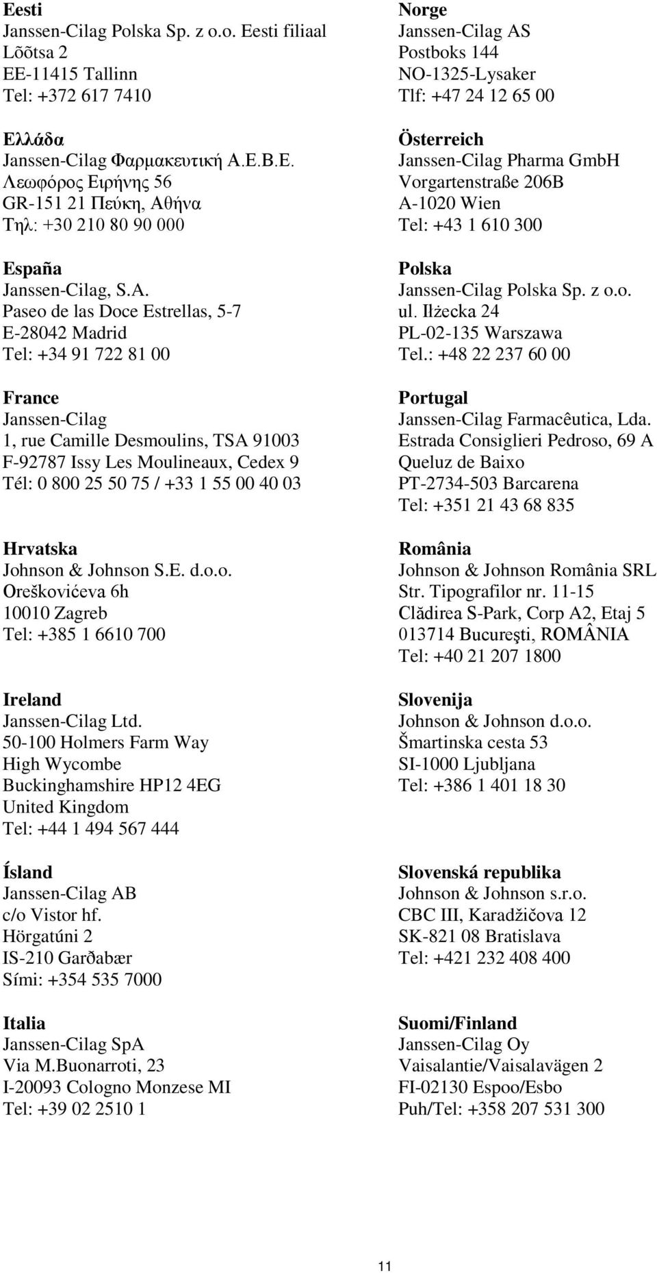 00 40 03 Hrvatska Johnson & Johnson S.E. d.o.o. Oreškovićeva 6h 10010 Zagreb Tel: +385 1 6610 700 Ireland Janssen-Cilag Ltd.