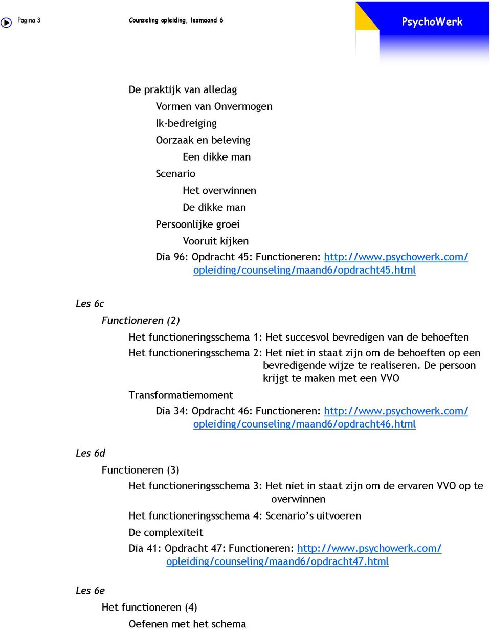 html Les 6c Functioneren (2) Het functioneringsschema 1: Het succesvol bevredigen van de behoeften Het functioneringsschema 2: Het niet in staat zijn om de behoeften op een bevredigende wijze te