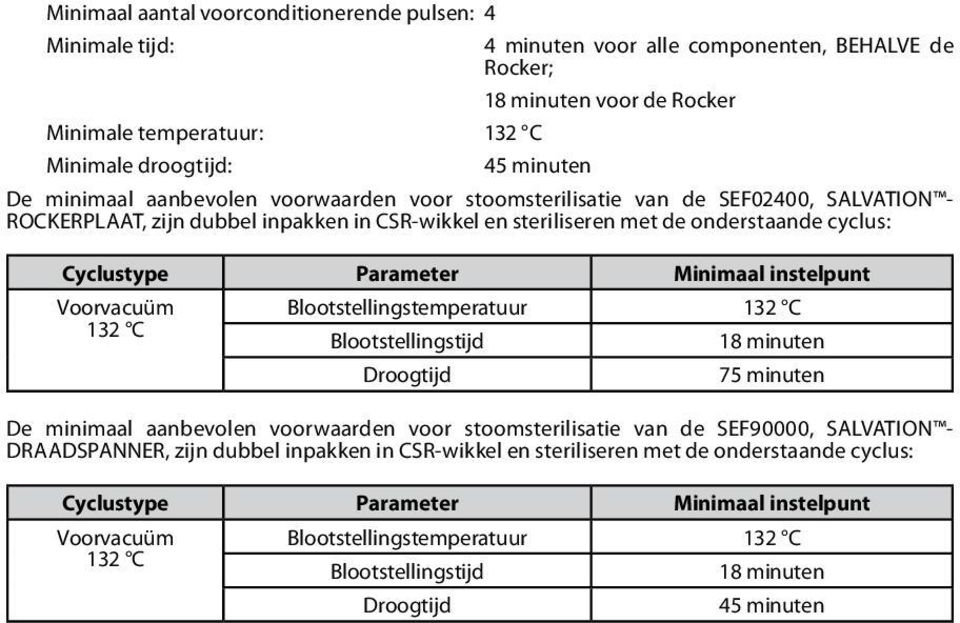 Minimaal instelpunt Voorvacuüm Blootstellingstemperatuur 132 C 132 C Blootstellingstijd 18 minuten Droogtijd 75 minuten De minimaal aanbevolen voorwaarden voor stoomsterilisatie van de SEF90000,