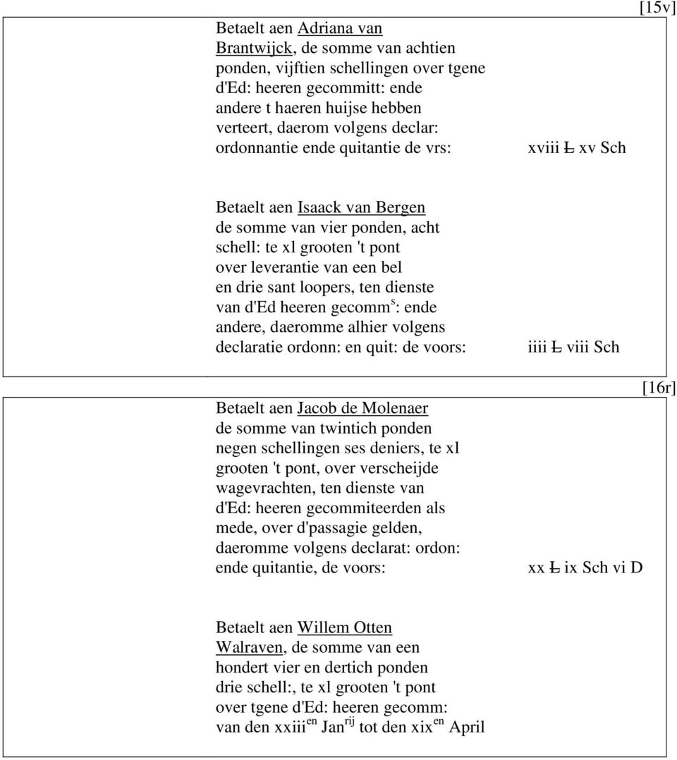 ten dienste van d'ed heeren gecomm s : ende andere, daeromme alhier volgens declaratie ordonn: en quit: de voors: iiii L viii Sch Betaelt aen Jacob de Molenaer de somme van twintich ponden negen