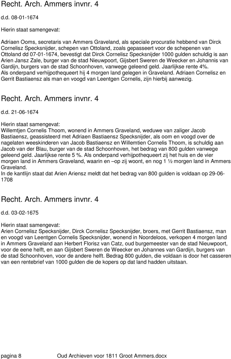 de stad Schoonhoven, vanwege geleend geld. Jaarlijkse rente 4%. Als onderpand verhijpothequeert hij 4 morgen land gelegen in Graveland.