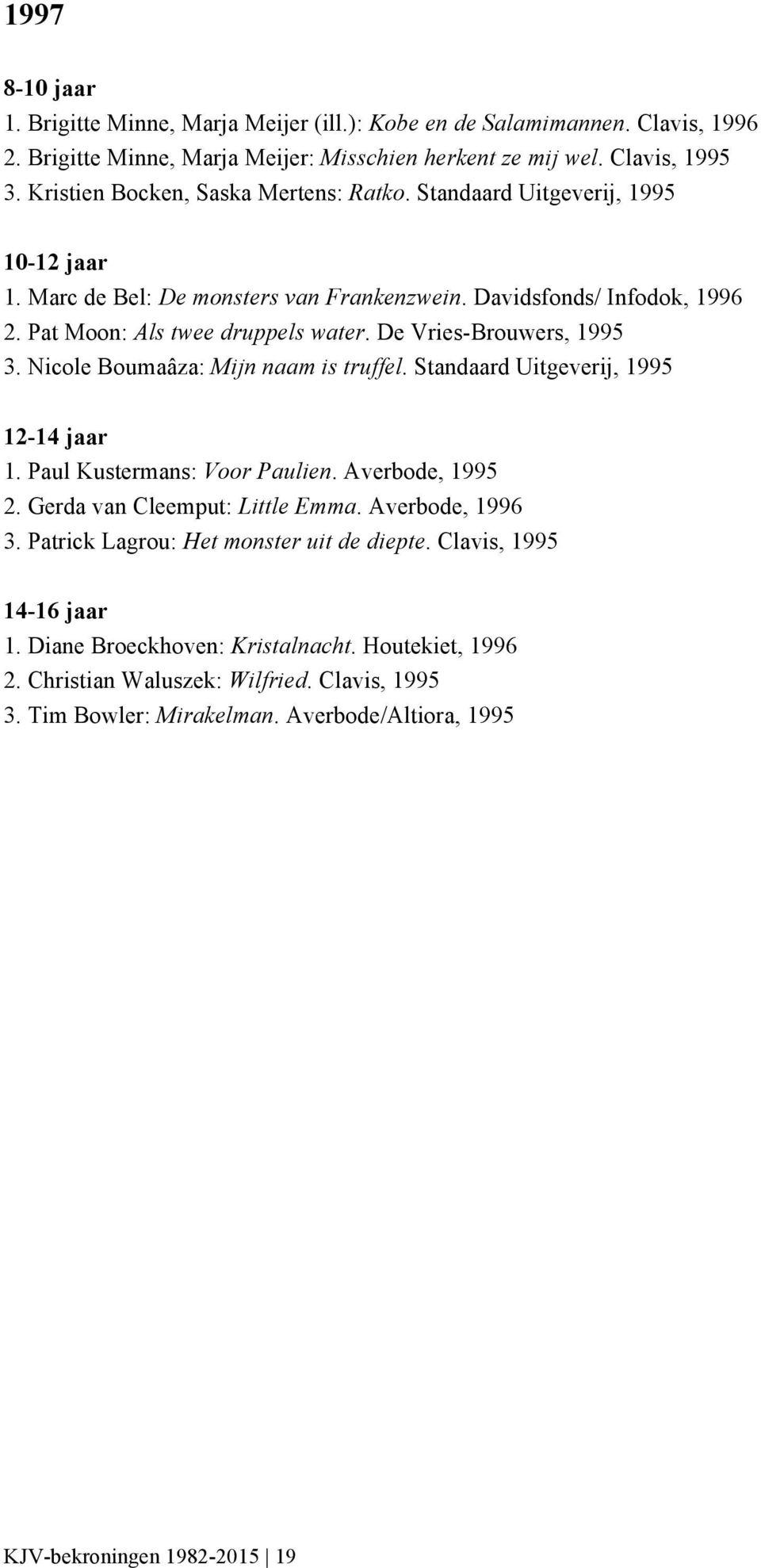 De Vries-Brouwers, 1995 3. Nicole Boumaâza: Mijn naam is truffel. Standaard Uitgeverij, 1995 1. Paul Kustermans: Voor Paulien. Averbode, 1995 2. Gerda van Cleemput: Little Emma.