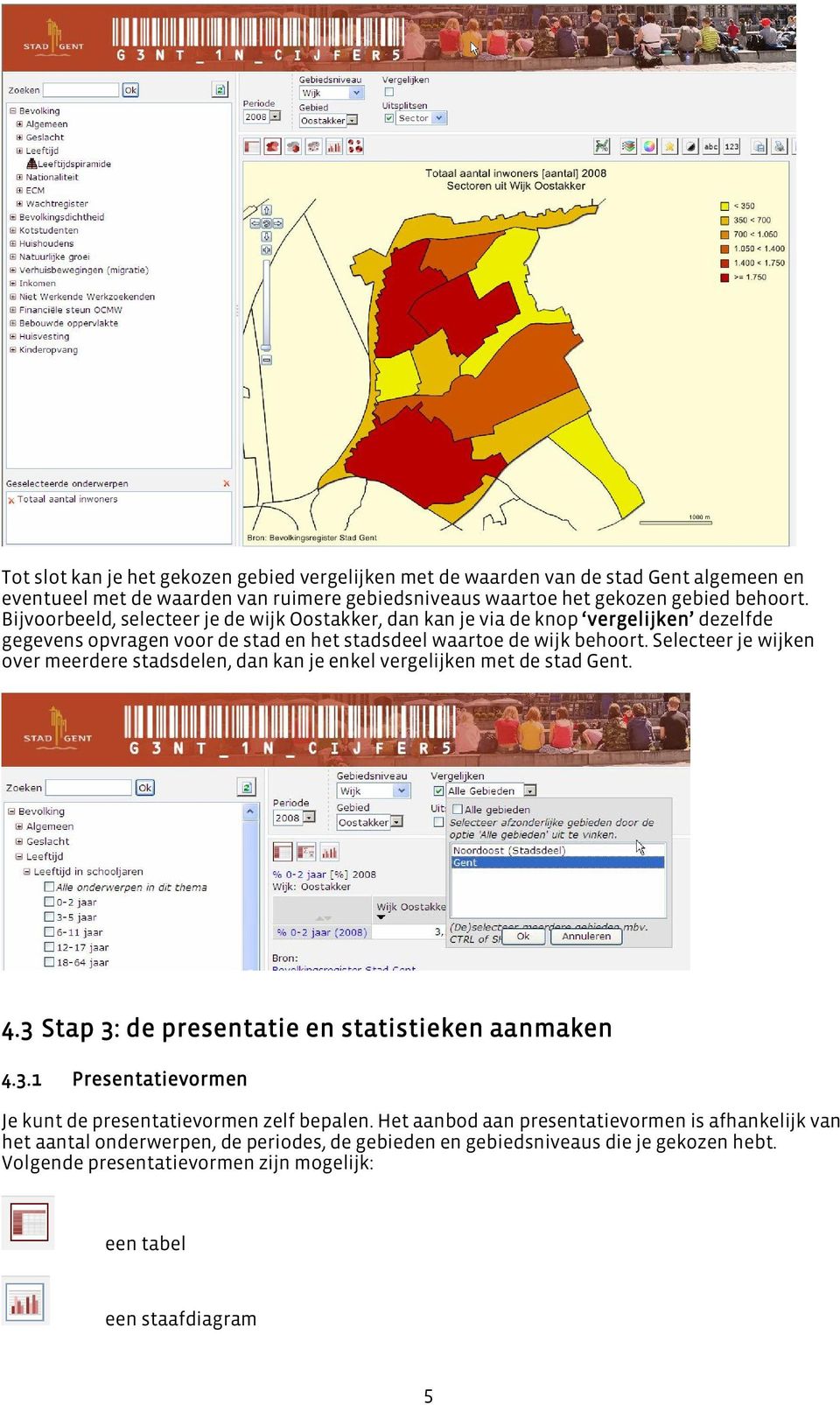 Selecteer je wijken over meerdere stadsdelen, dan kan je enkel vergelijken met de stad Gent. 4.3 Stap 3: de presentatie en statistieken aanmaken 4.3.1 Presentatievormen Je kunt de presentatievormen zelf bepalen.