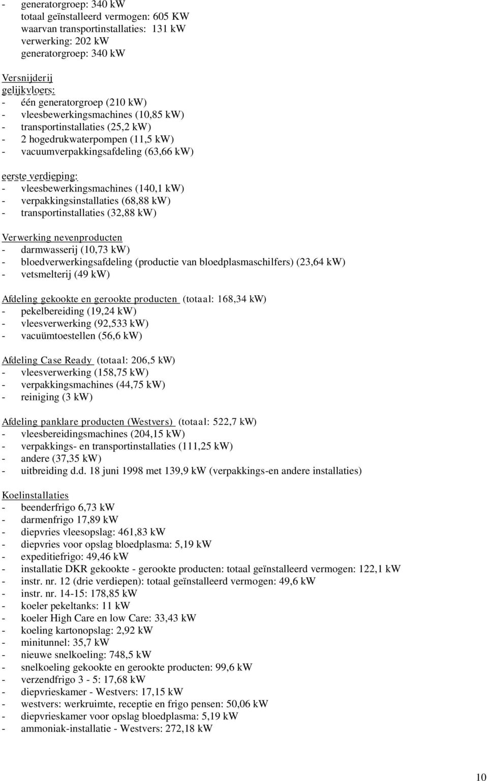 - verpakkingsinstallaties (68,88 kw) - transportinstallaties (32,88 kw) Verwerking nevenproducten - darmwasserij (10,73 kw) - bloedverwerkingsafdeling (productie van bloedplasmaschilfers) (23,64 kw)