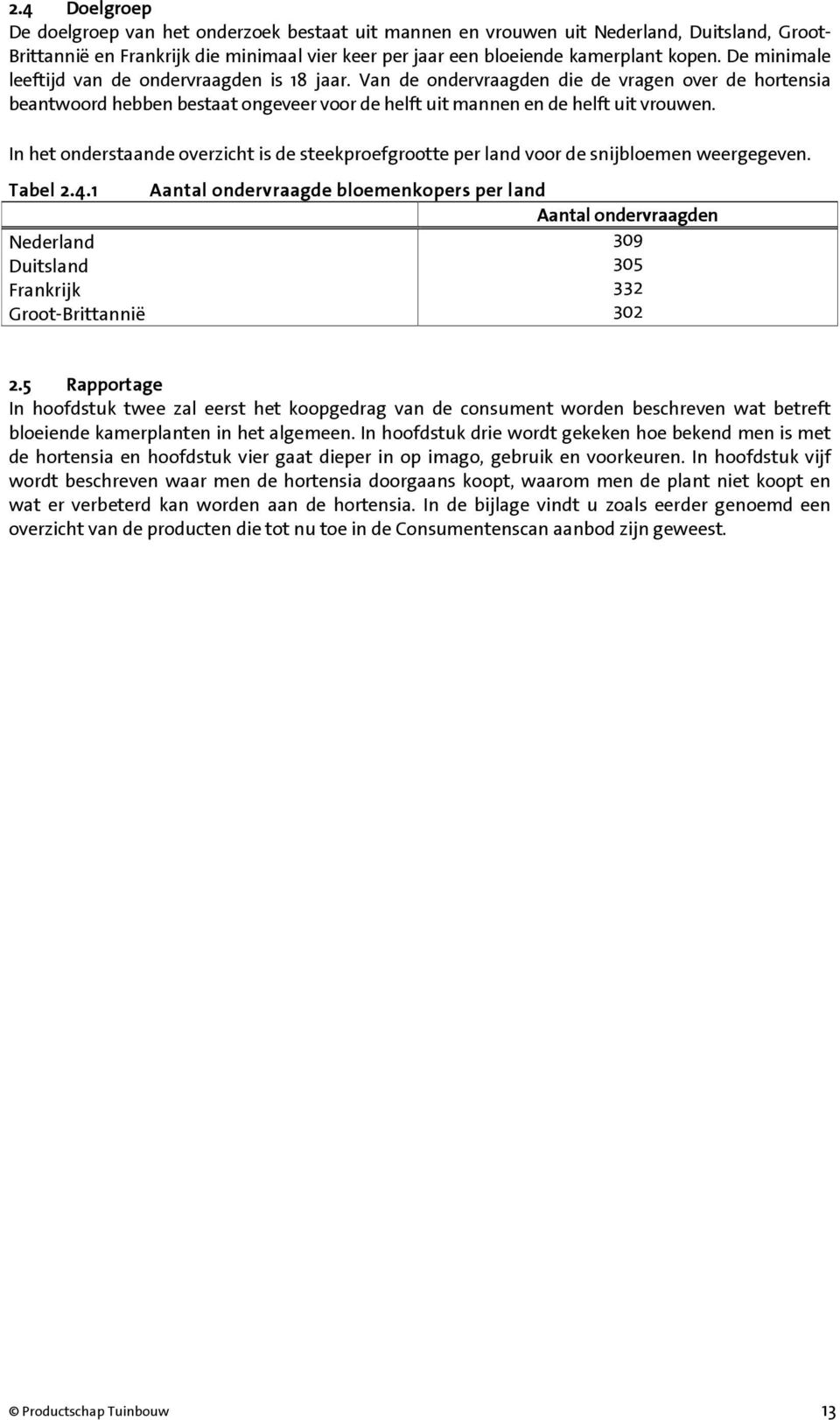 In het onderstaande overzicht is de steekproefgrootte per land voor de snijbloemen weergegeven. Tabel 2.4.1 Aantal ondervraagde bloemenkopers per land Aantal ondervraagden 309 305 332 302 2.