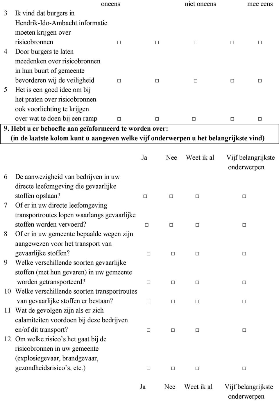 Hebt u er behoefte aan geïnformeerd te worden over: (in de laatste kolom kunt u aangeven welke vijf onderwerpen u het belangrijkste vind) Ja Nee Weet ik al Vijf belangrijkste onderwerpen 6 De