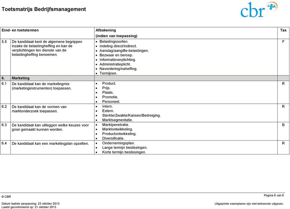 1 De kandidaat kan de marketingmix Product. (marketinginstrumenten) Prijs. Plaats. Promotie. Personeel. 6.2 De kandidaat kan de vormen van Intern. marktonderzoek Extern.