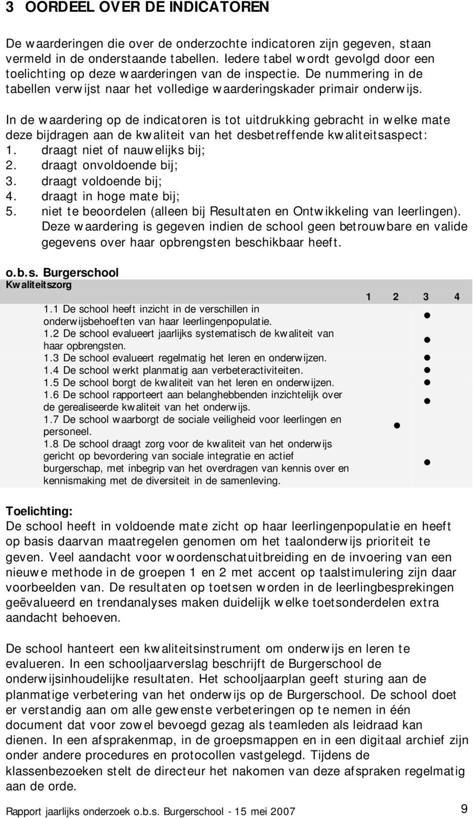 In de waardering op de indicatoren is tot uitdrukking gebracht in welke mate deze bijdragen aan de kwaliteit van het desbetreffende kwaliteitsaspect: 1. draagt niet of nauwelijks bij; 2.