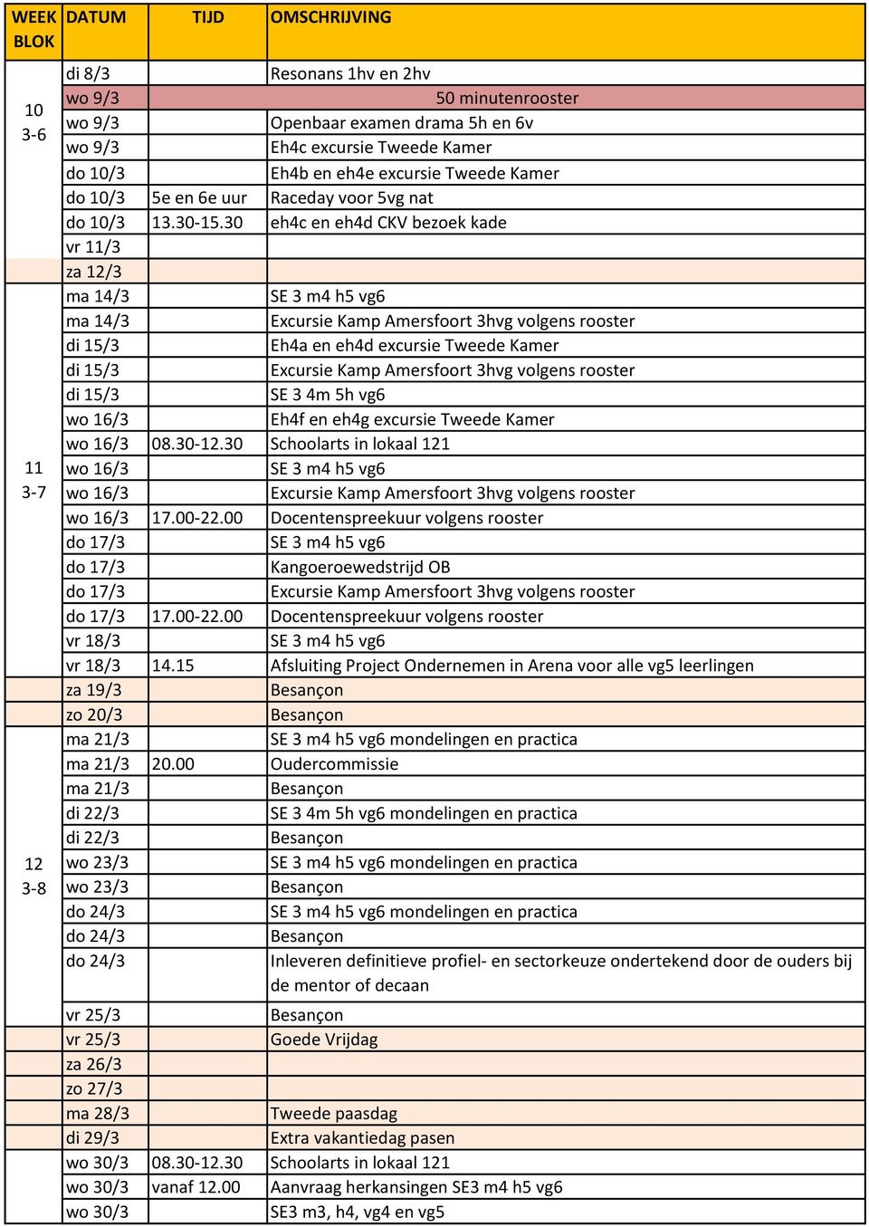 30 eh4c en eh4d CKV bezoek kade vr 11/3 za 12/3 ma 14/3 SE 3 m4 h5 vg6 ma 14/3 Excursie Kamp Amersfoort 3hvg volgens rooster di 15/3 Eh4a en eh4d excursie Tweede Kamer di 15/3 Excursie Kamp