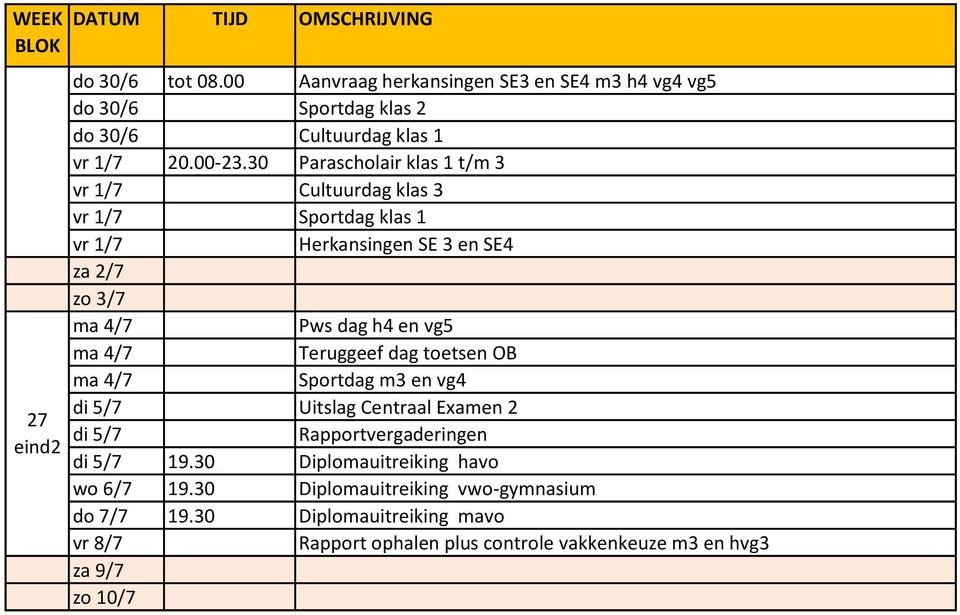 30 Parascholair klas 1 t/m 3 vr 1/7 Cultuurdag klas 3 vr 1/7 Sportdag klas 1 vr 1/7 Herkansingen SE 3 en SE4 za 2/7 zo 3/7 ma 4/7 Pws dag h4 en vg5 ma 4/7