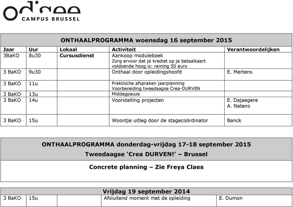 Mertens 3 BaKO u Praktische afspraken jaarplanning Voorbereiding tweedaagse Crea-DURVEN 3 BaKO 3u Middagpauze 3 BaKO 4u Voorstelling projecten E.