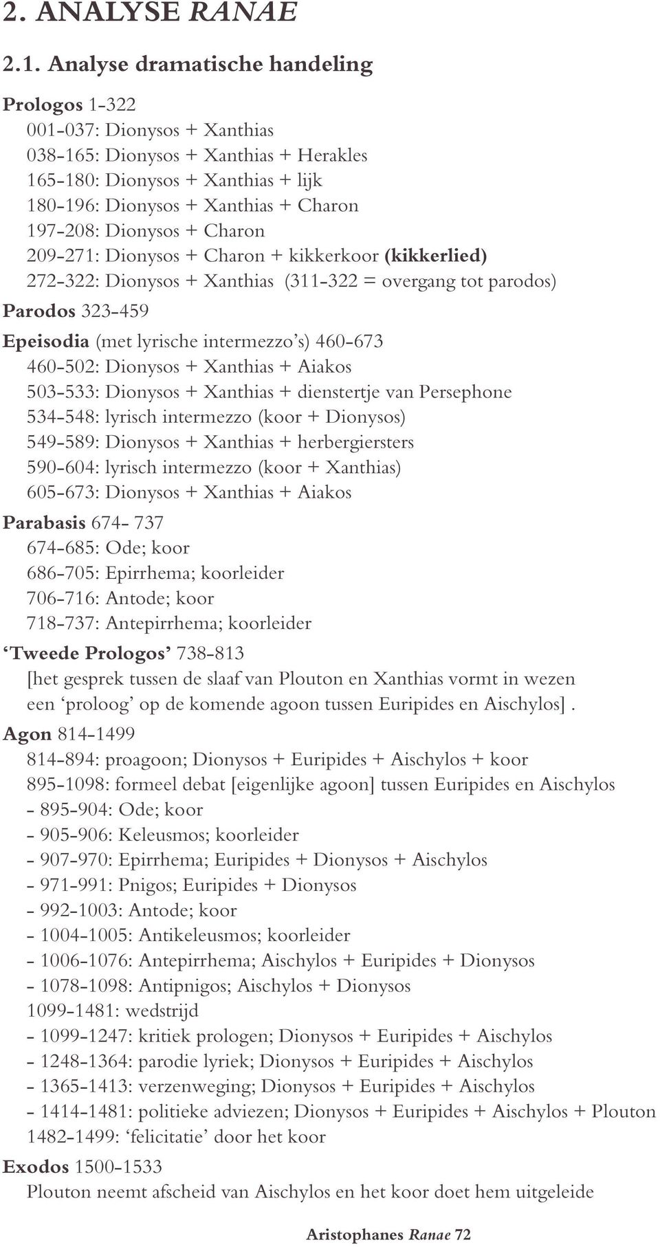 Dionysos + Charon 209-271: Dionysos + Charon + kikkerkoor (kikkerlied) 272-322: Dionysos + Xanthias (311-322 = overgang tot parodos) Parodos 323-459 Epeisodia (met lyrische intermezzo s) 460-673