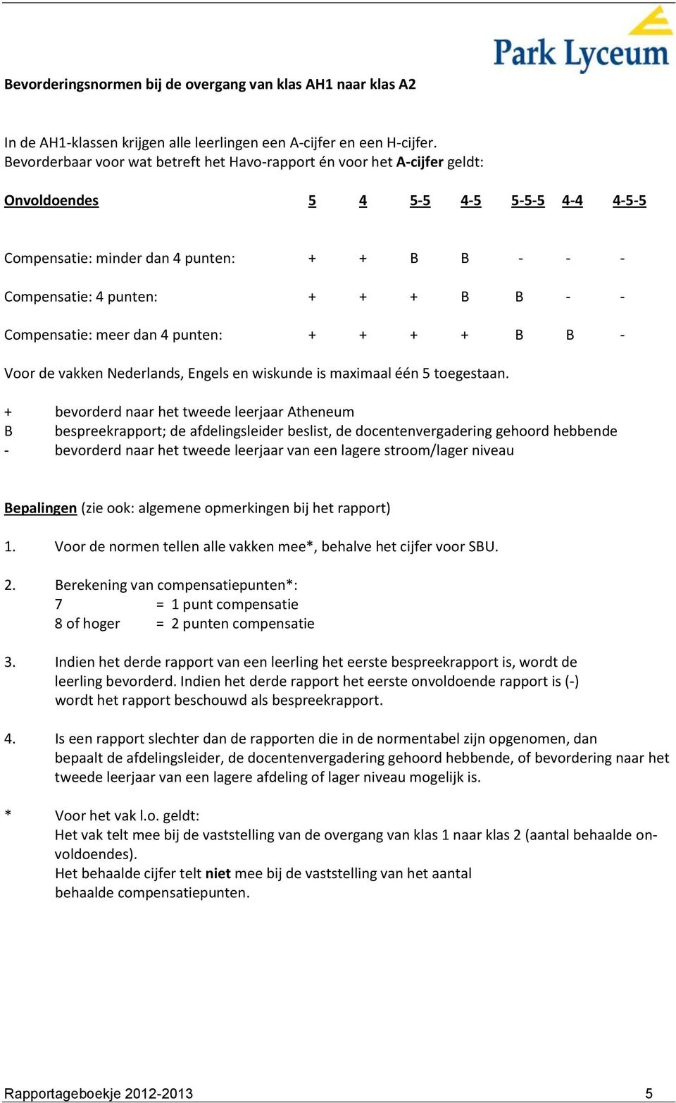 - Compensatie: meer dan 4 punten: + + + + B B - Voor de vakken Nederlands, Engels en wiskunde is maximaal één 5 toegestaan.