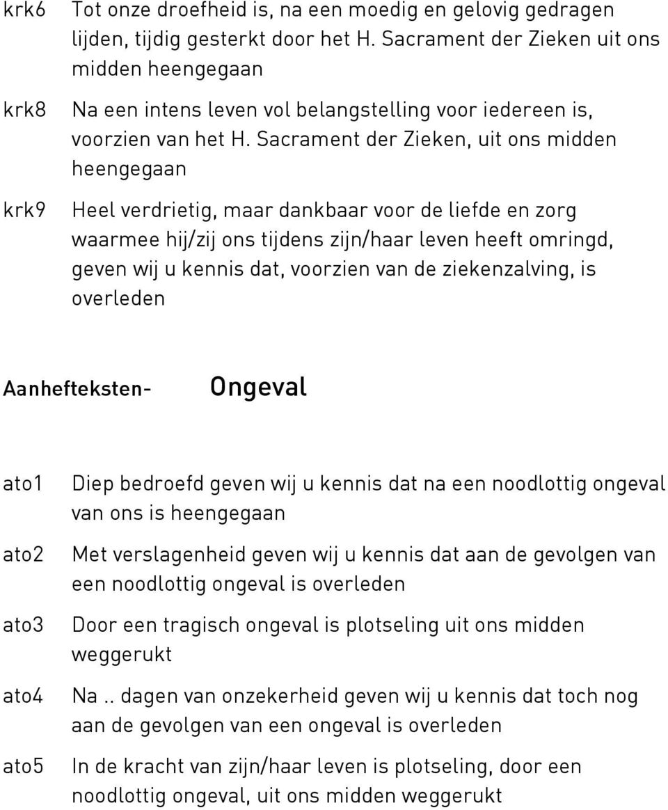 Sacrament der Zieken, uit ons midden Heel verdrietig, maar dankbaar voor de liefde en zorg waarmee hij/zij ons tijdens zijn/haar leven heeft omringd, geven wij u kennis dat, voorzien van de