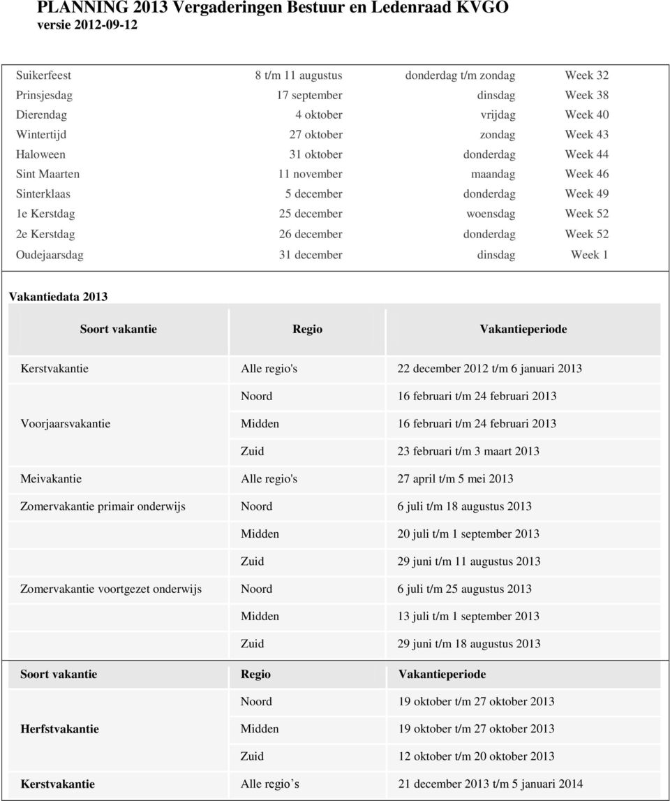 Week 52 2e Kerstdag 26 december donderdag Week 52 Oudejaarsdag 31 december dinsdag Week 1 Vakantiedata 2013 Soort vakantie Regio Vakantieperiode Kerstvakantie Alle regio's 22 december 2012 t/m 6