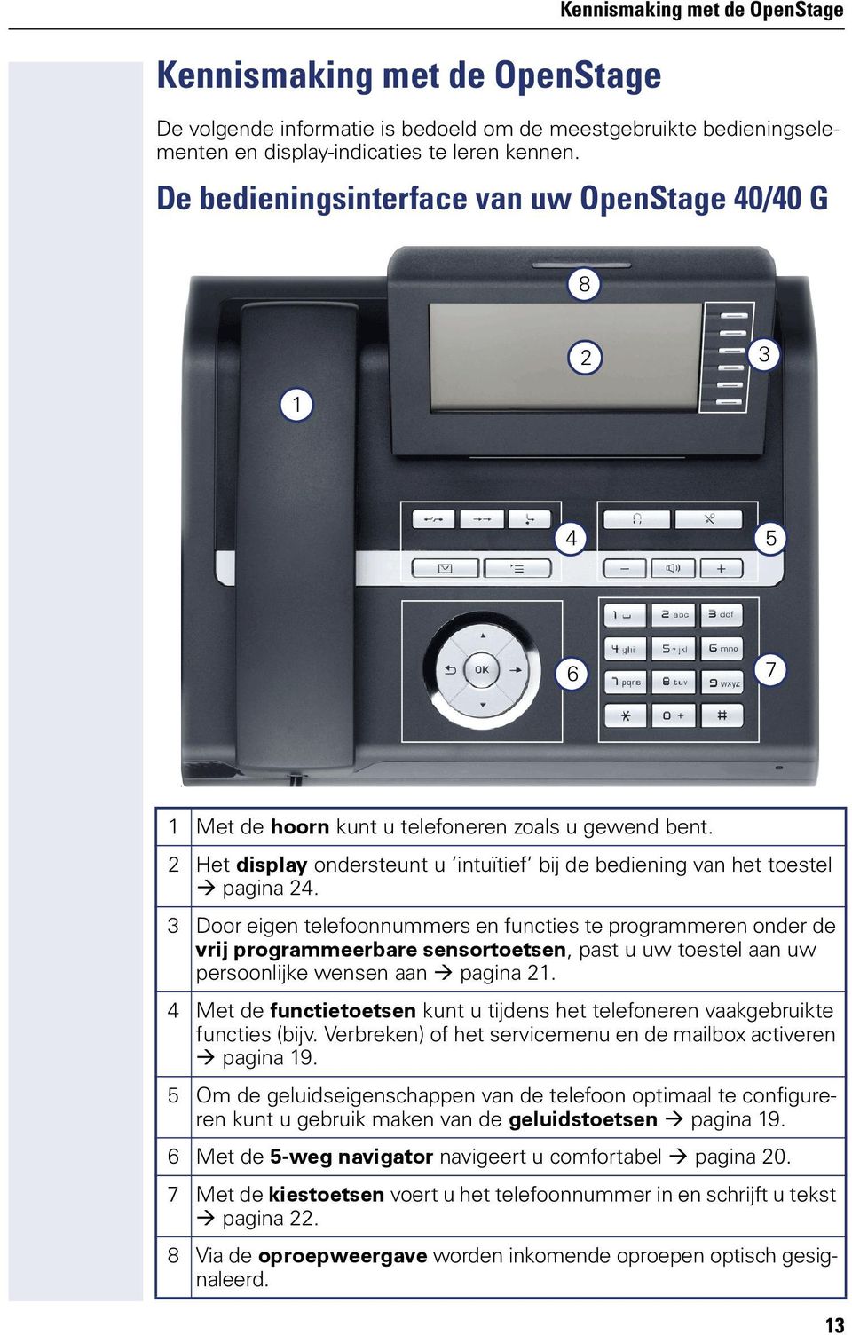 3 Door eigen telefoonnummers en functies te programmeren onder de vrij programmeerbare sensortoetsen, past u uw toestel aan uw persoonlijke wensen aan pagina 21.