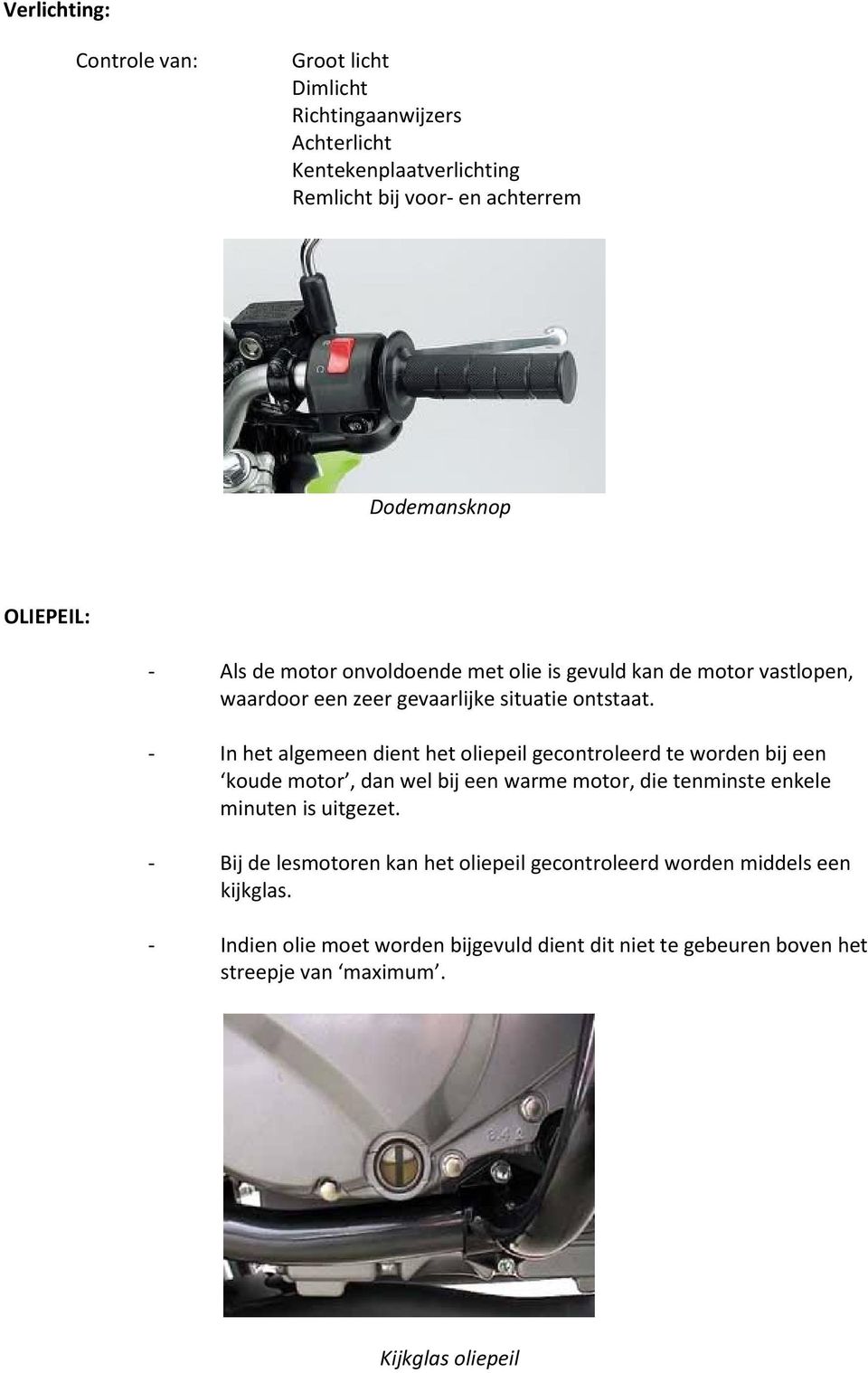 - In het algemeen dient het oliepeil gecontroleerd te worden bij een koude motor, dan wel bij een warme motor, die tenminste enkele minuten is uitgezet.