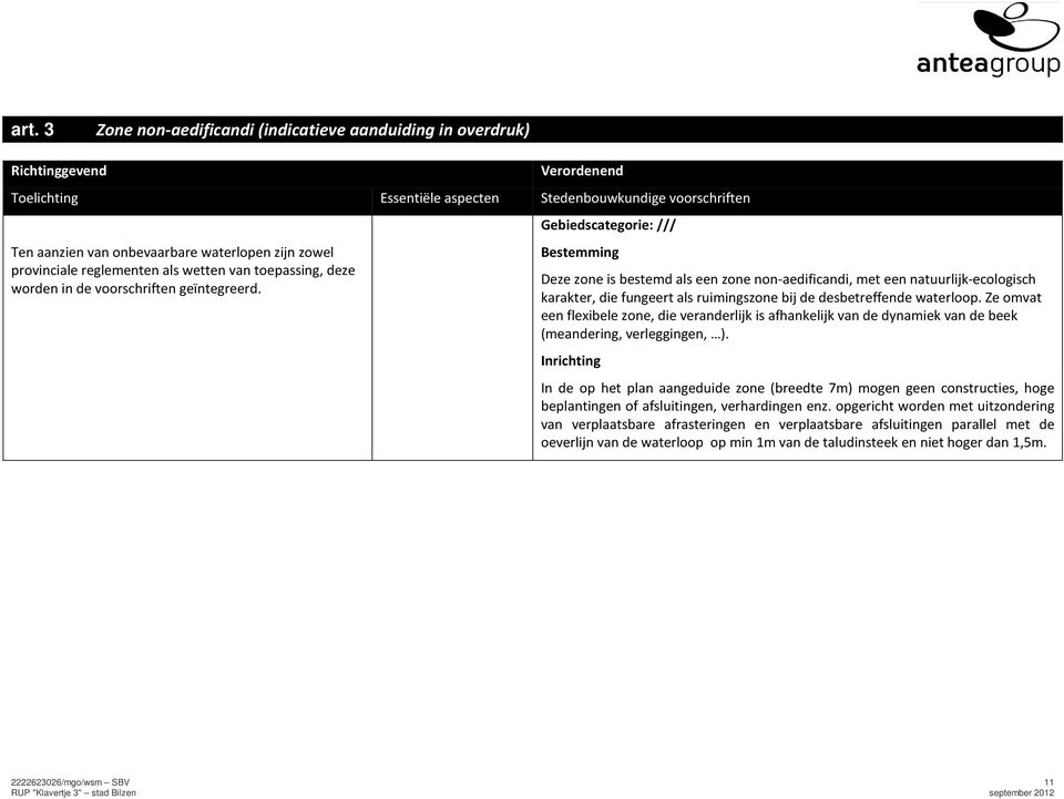 Gebiedscategorie: /// Bestemming Deze zone is bestemd als een zone non-aedificandi, met een natuurlijk-ecologisch karakter, die fungeert als ruimingszone bij de desbetreffende waterloop.