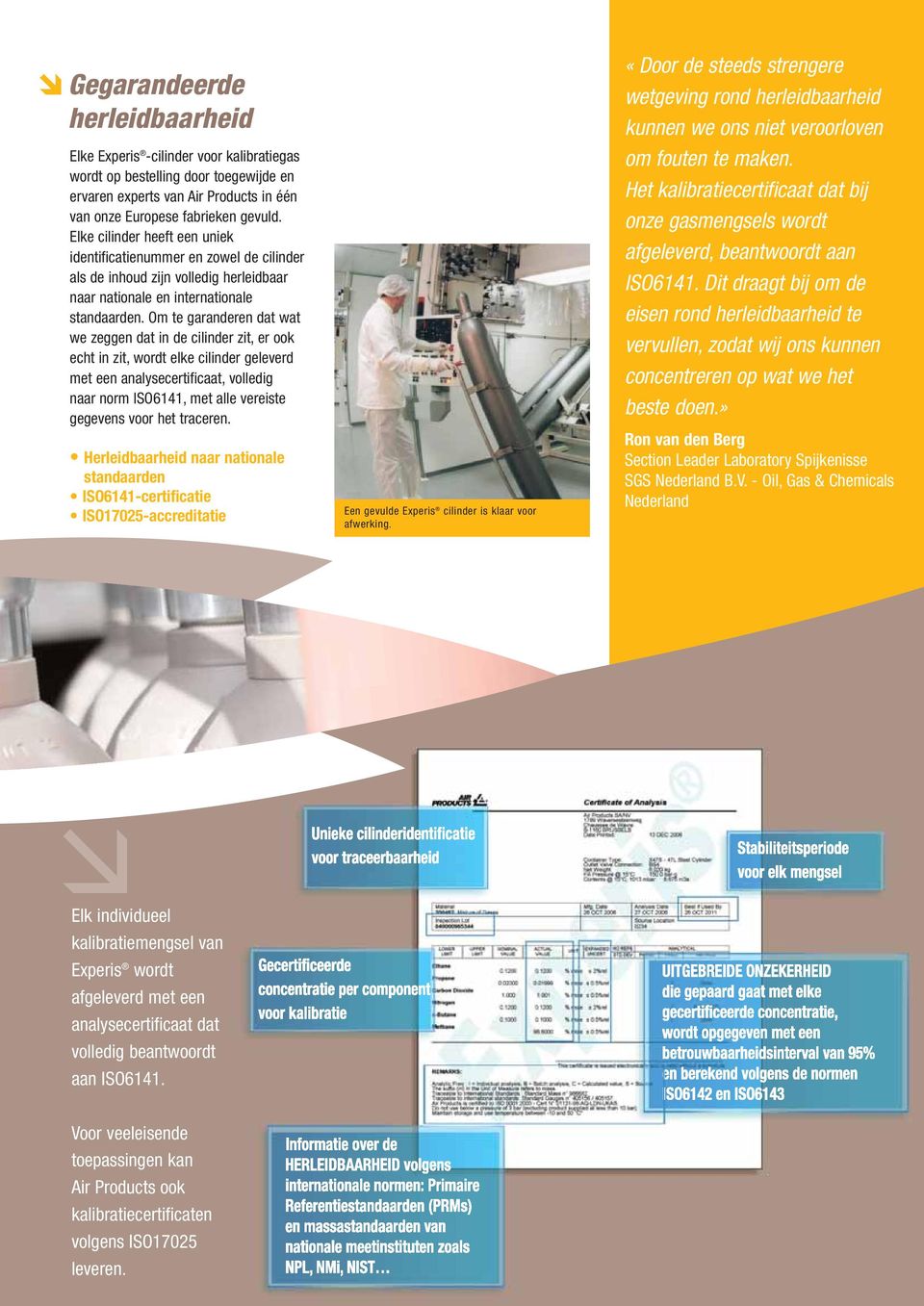 Om te garanderen dat wat we zeggen dat in de cilinder zit, er ook echt in zit, wordt elke cilinder geleverd met een analysecertificaat, volledig naar norm ISO6141, met alle vereiste gegevens voor het