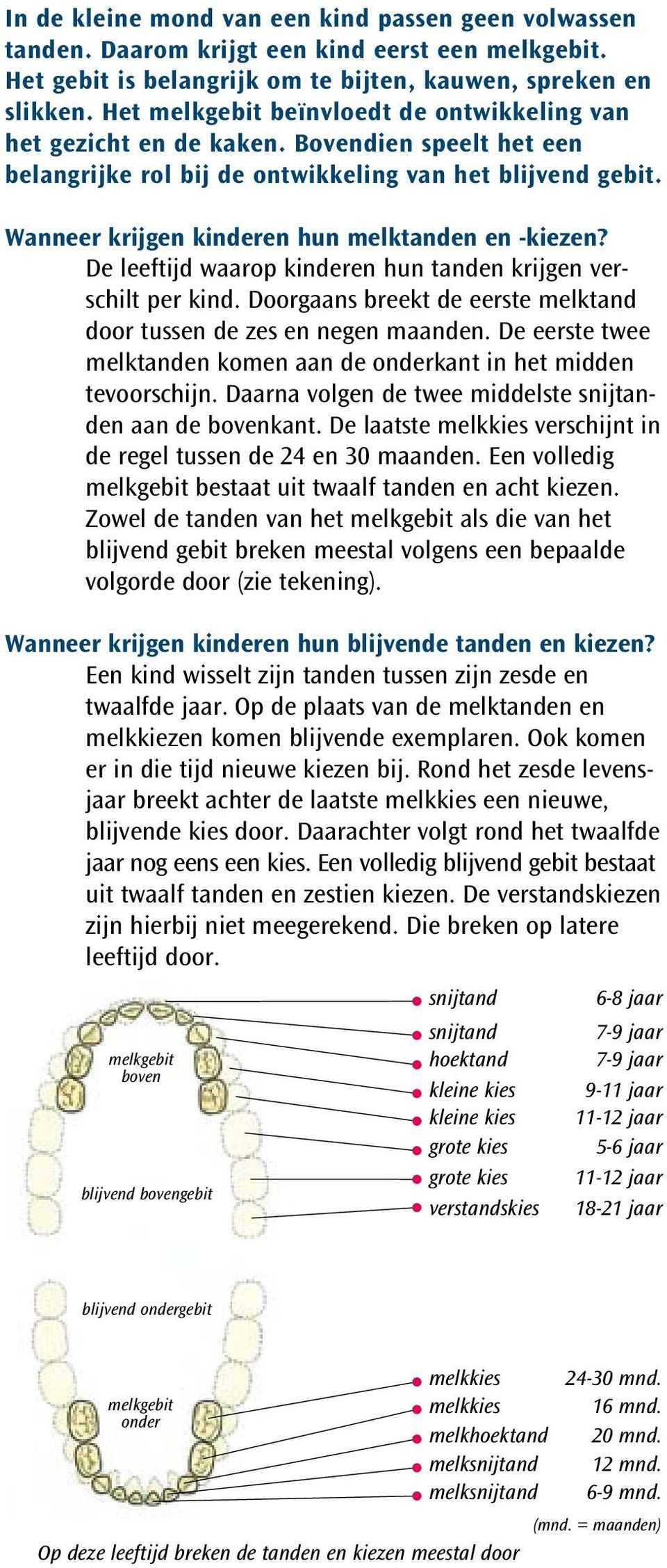 Wanneer krijgen kinderen hun melktanden en -kiezen? De leeftijd waarop kinderen hun tanden krijgen verschilt per kind. Doorgaans breekt de eerste melktand door tussen de zes en negen maanden.