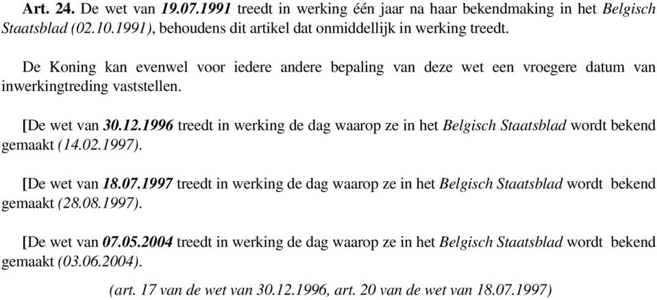 1996 treedt in werking de dag waarop ze in het Belgisch Staatsblad wordt bekend gemaakt (14.02.1997). [De wet van 18.07.