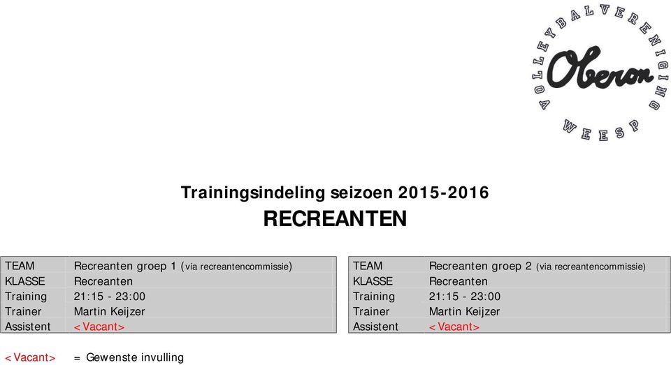 Recreanten KLASSE Recreanten Training 21:15-23:00 Training 21:15-23:00 Trainer