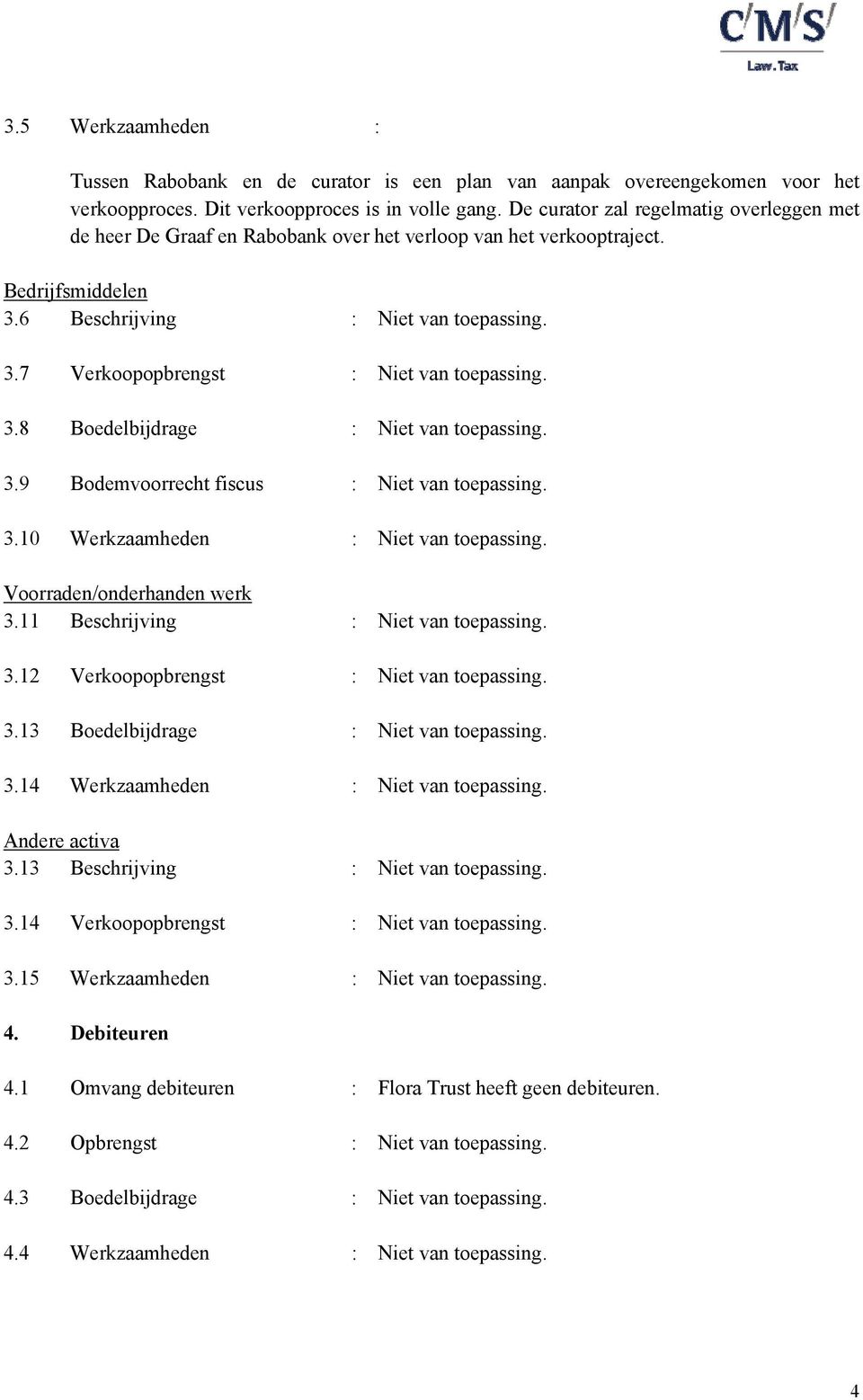 3.8 Boedelbijdrage : Niet van toepassing. 3.9 Bodemvoorrecht fiscus : Niet van toepassing. 3.10 Werkzaamheden : Niet van toepassing. Voorraden/onderhanden werk 3.11 Beschrijving : Niet van toepassing.