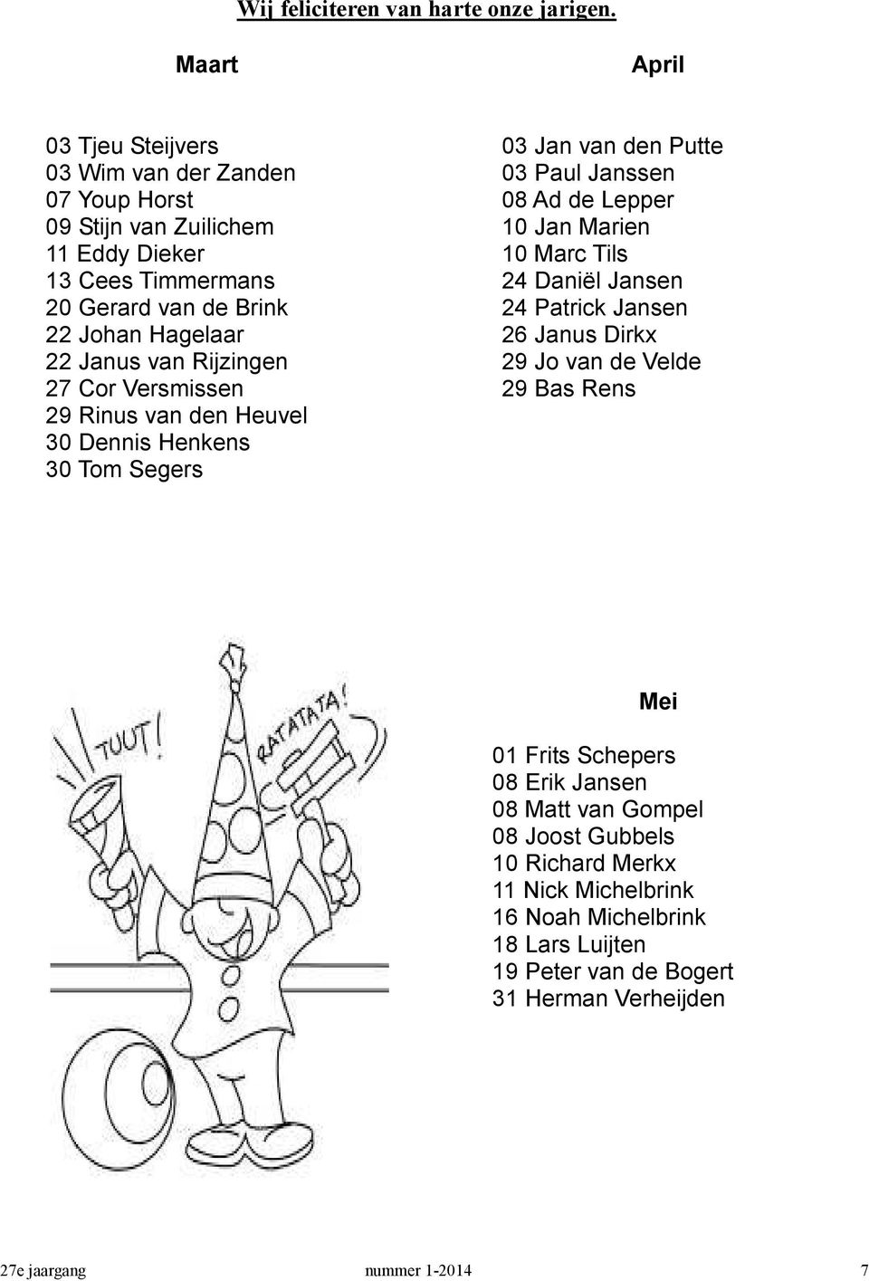 22 Janus van Rijzingen 27 Cor Versmissen 29 Rinus van den Heuvel 30 Dennis Henkens 30 Tom Segers 03 Jan van den Putte 03 Paul Janssen 08 Ad de Lepper 10 Jan Marien